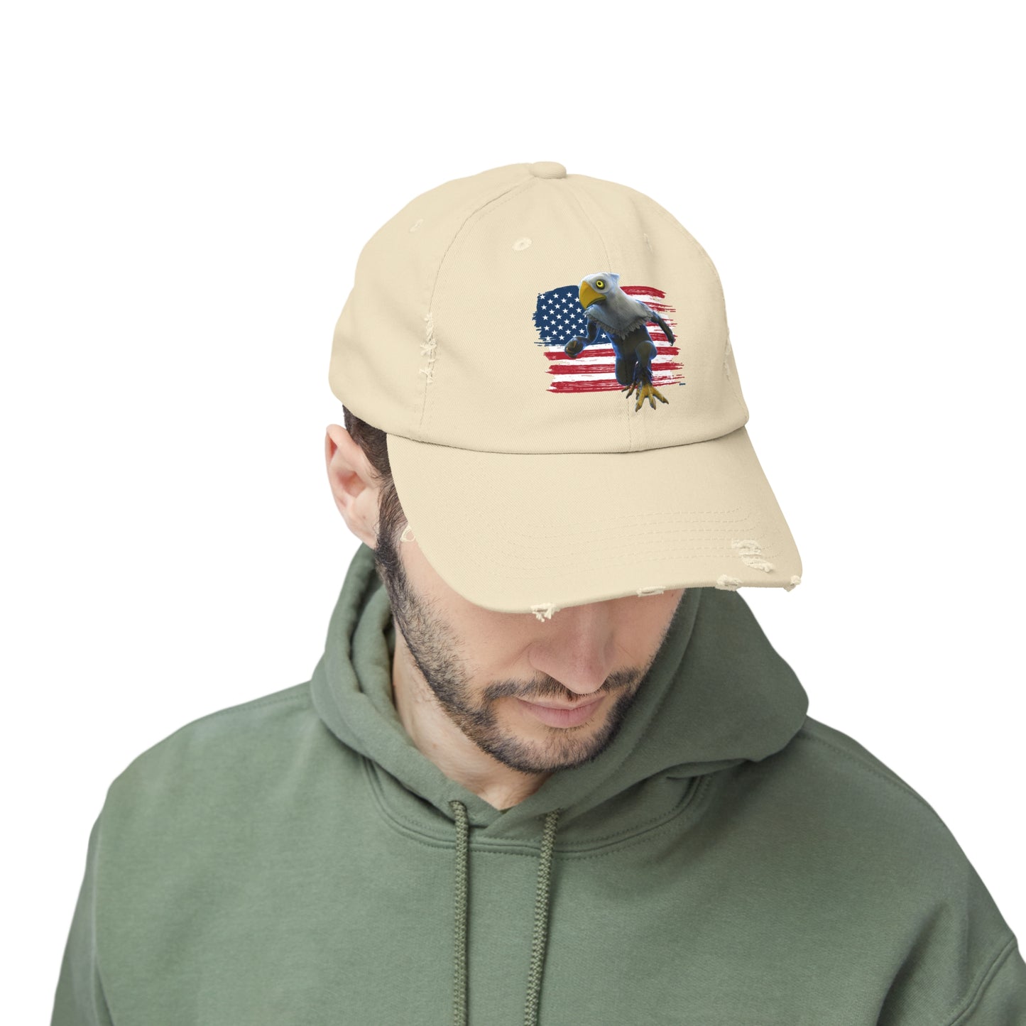 Patriotic American Eagle Sprite In Front of American Flag - Unisex Distressed Cap Hat (Mericlaw, TCG World)