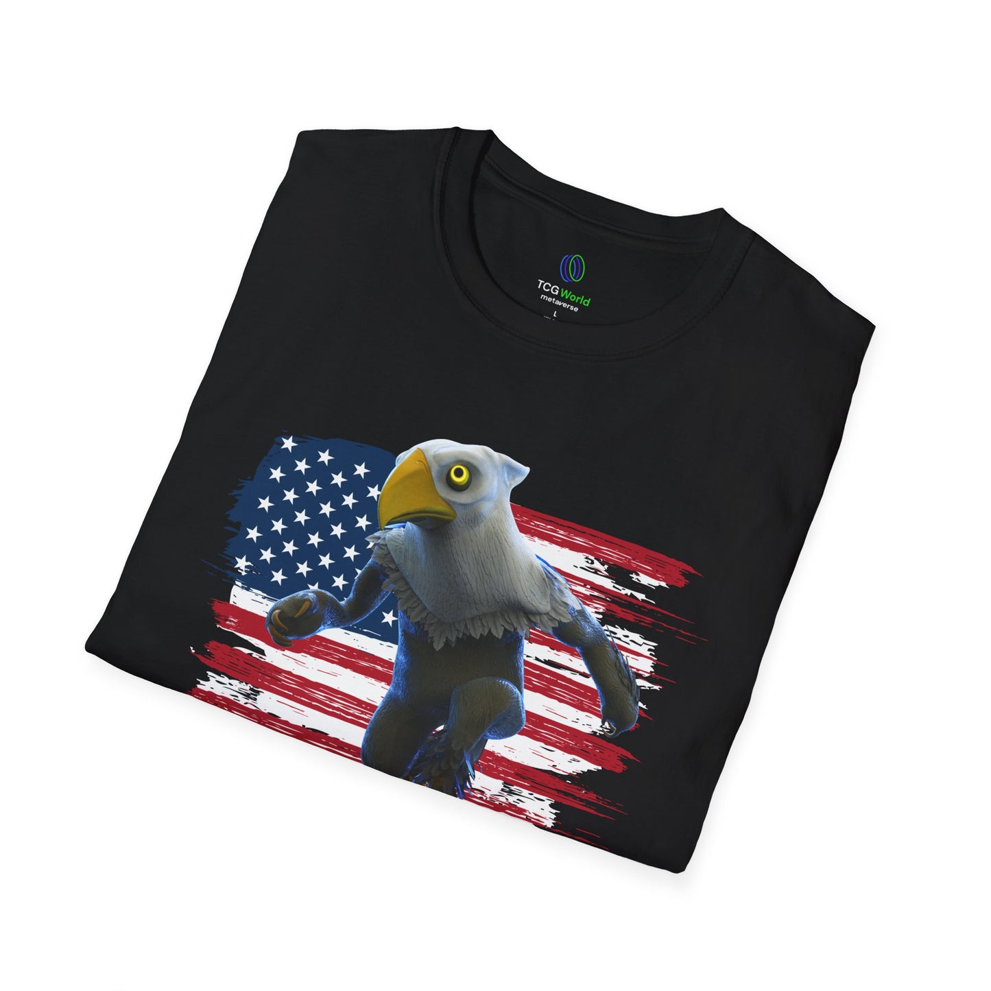 Patriotic American Eagle Sprite In Front of American Flag - Unisex Adult Softstyle T-Shirt (Mericlaw, TCG World)