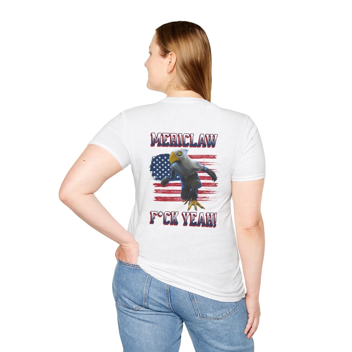 Mericlaw F*ck Yeah (Extra American) - TCG World Metaverse Sprite / American Flag - Unisex Adult Softstyle T-Shirt (Back)