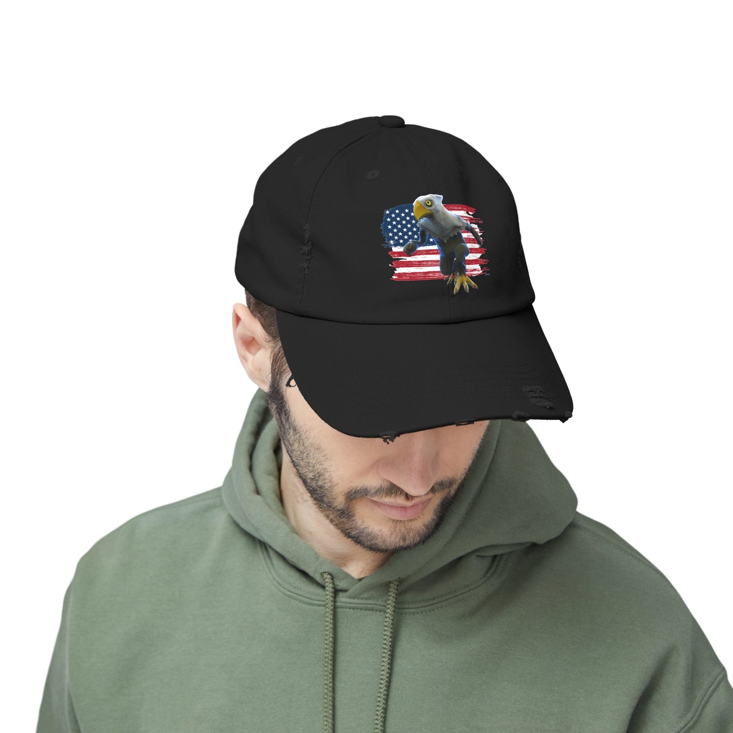 Patriotic American Eagle Sprite In Front of American Flag - Unisex Distressed Cap Hat (Mericlaw, TCG World)