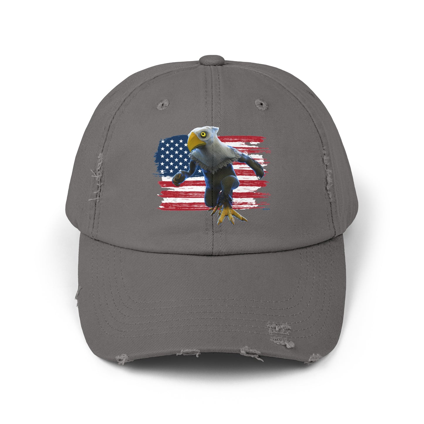 Patriotic American Eagle Sprite In Front of American Flag - Unisex Distressed Cap Hat (Mericlaw, TCG World)