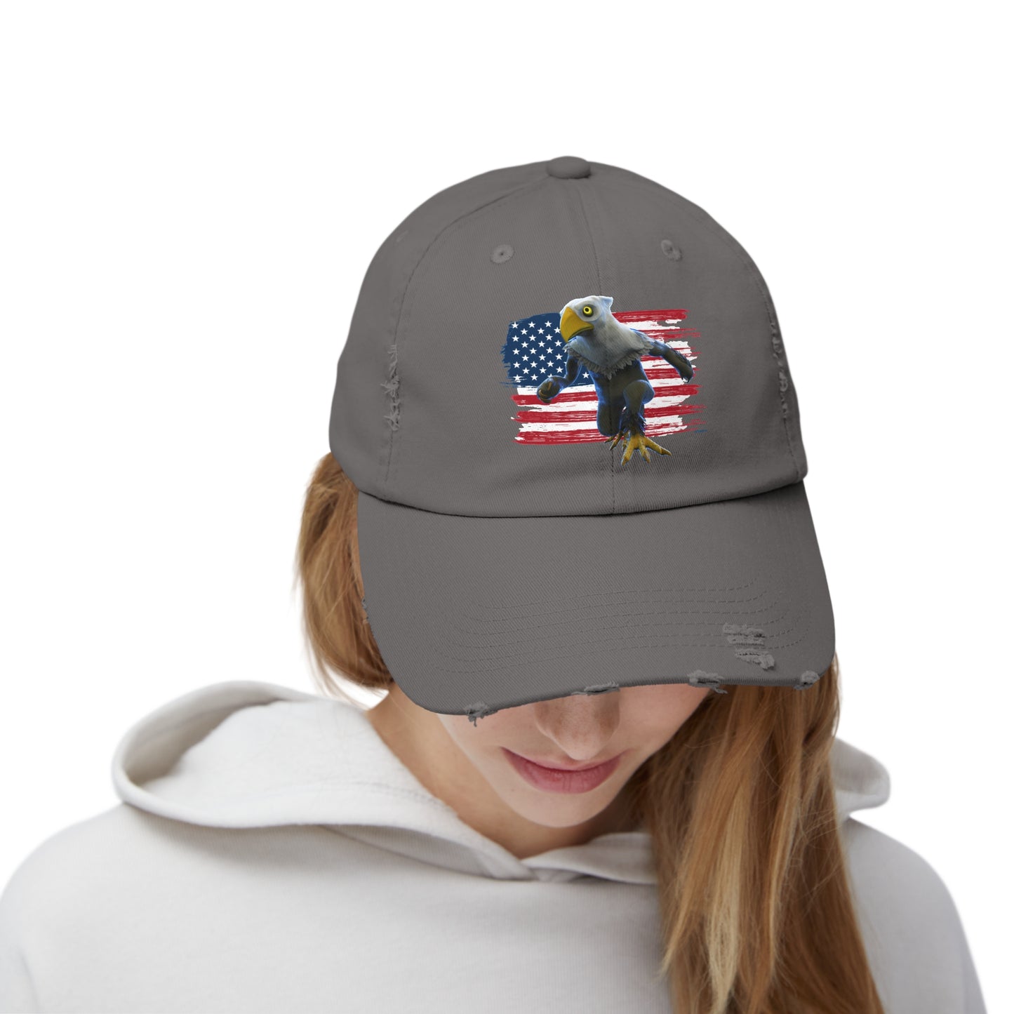 Patriotic American Eagle Sprite In Front of American Flag - Unisex Distressed Cap Hat (Mericlaw, TCG World)