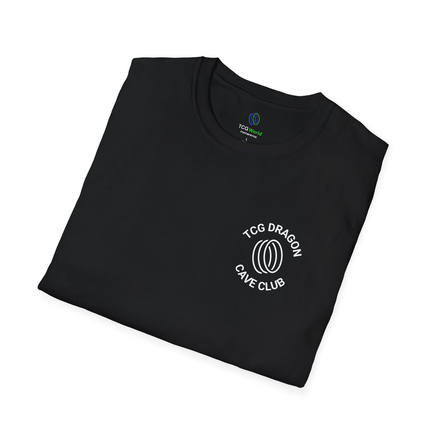 Logo on Left with TCG World on Back - TCG Dragon Cave Club Classic Logo - Unisex Adult Softstyle T-Shirt