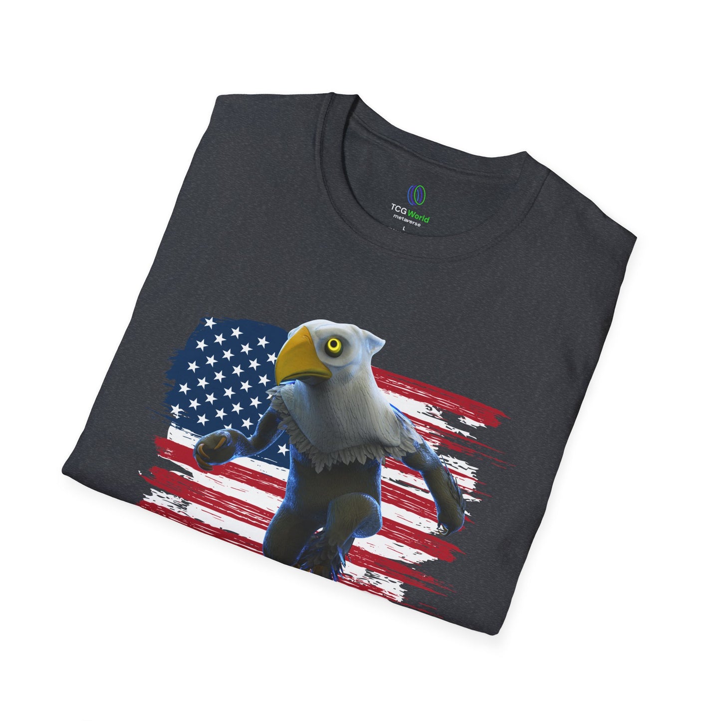 Patriotic American Eagle Sprite In Front of American Flag - Unisex Adult Softstyle T-Shirt (Mericlaw, TCG World)