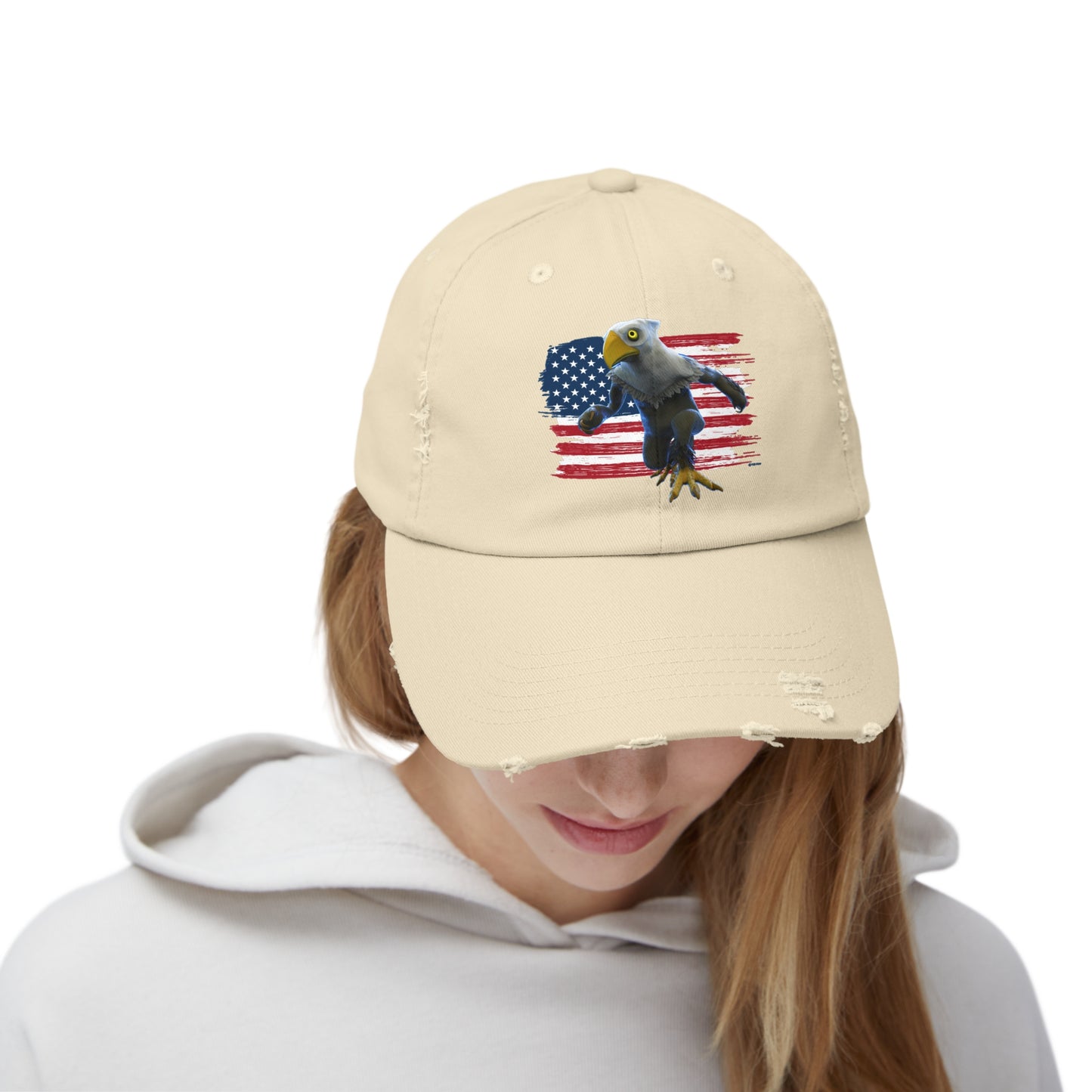 Patriotic American Eagle Sprite In Front of American Flag - Unisex Distressed Cap Hat (Mericlaw, TCG World)
