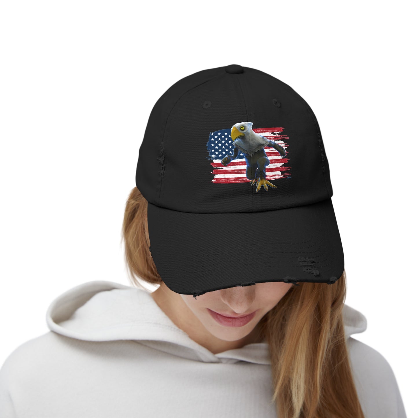 Patriotic American Eagle Sprite In Front of American Flag - Unisex Distressed Cap Hat (Mericlaw, TCG World)