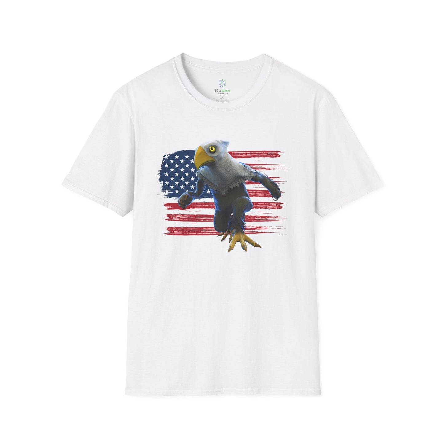 Patriotic American Eagle Sprite In Front of American Flag - Unisex Adult Softstyle T-Shirt (Mericlaw, TCG World)