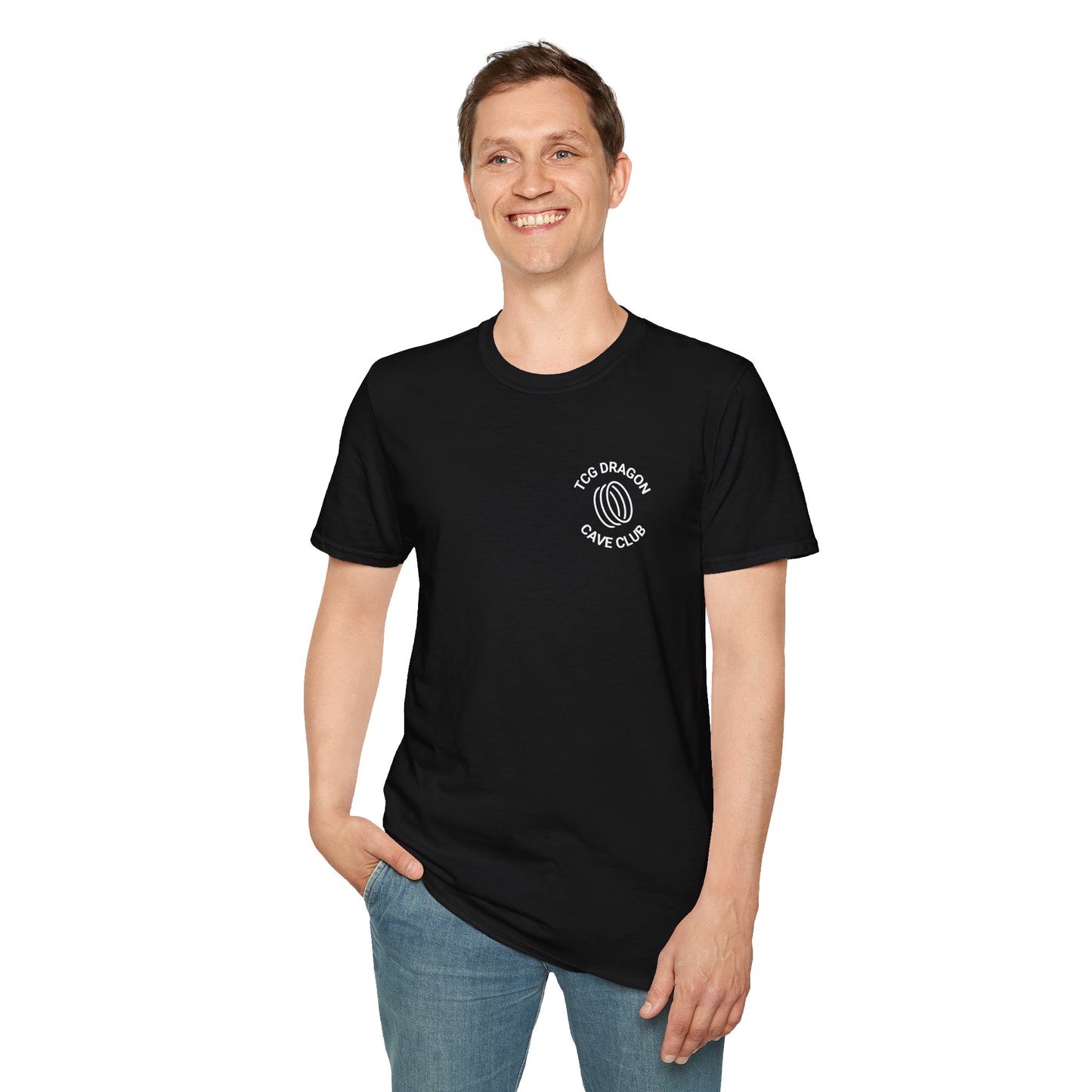 Logo on Left with TCG World on Back - TCG Dragon Cave Club Classic Logo - Unisex Adult Softstyle T-Shirt