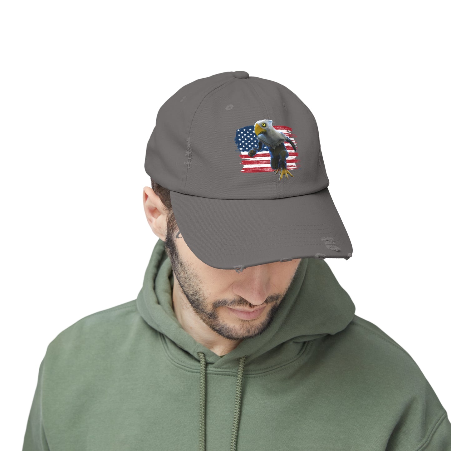 Patriotic American Eagle Sprite In Front of American Flag - Unisex Distressed Cap Hat (Mericlaw, TCG World)