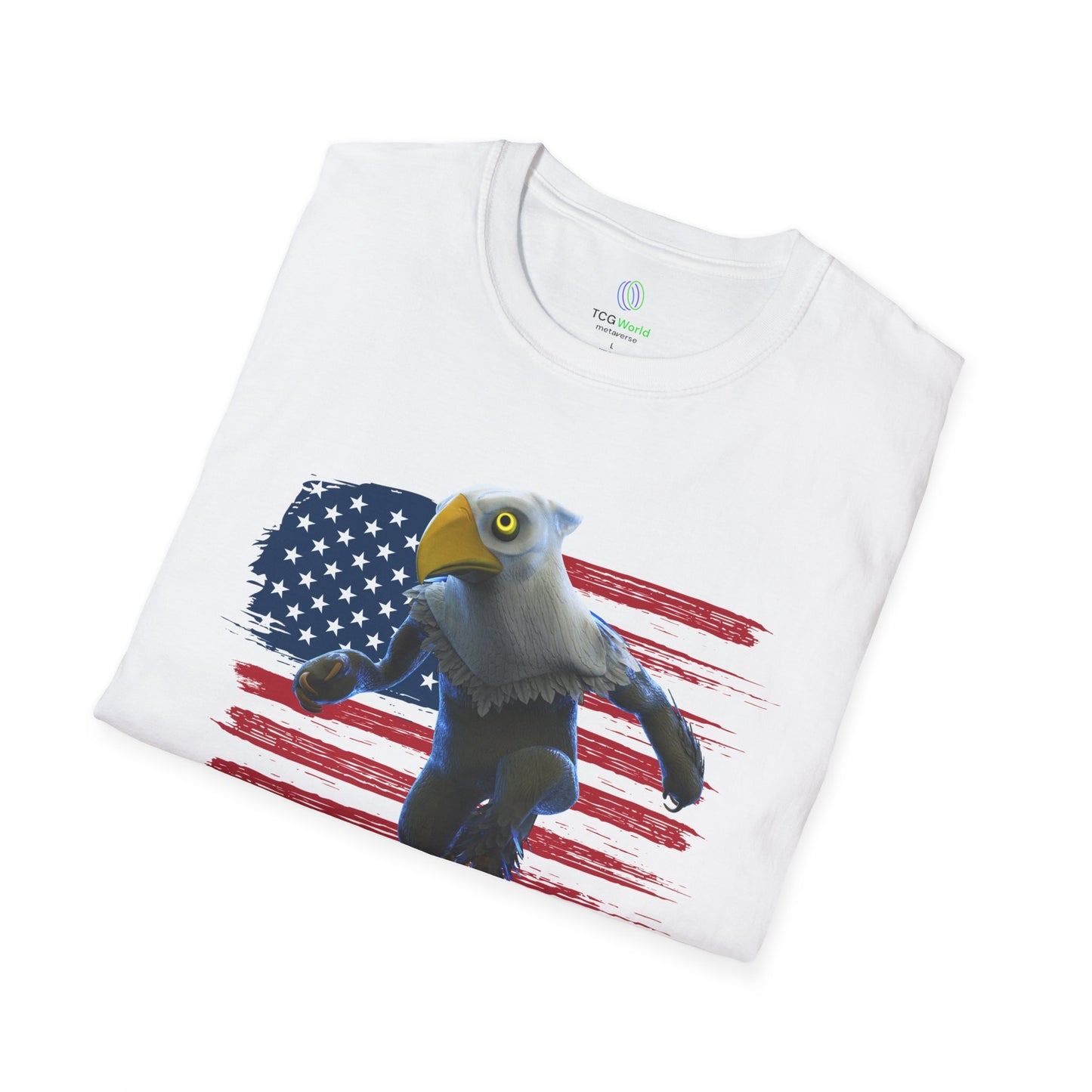 Patriotic American Eagle Sprite In Front of American Flag - Unisex Adult Softstyle T-Shirt (Mericlaw, TCG World)