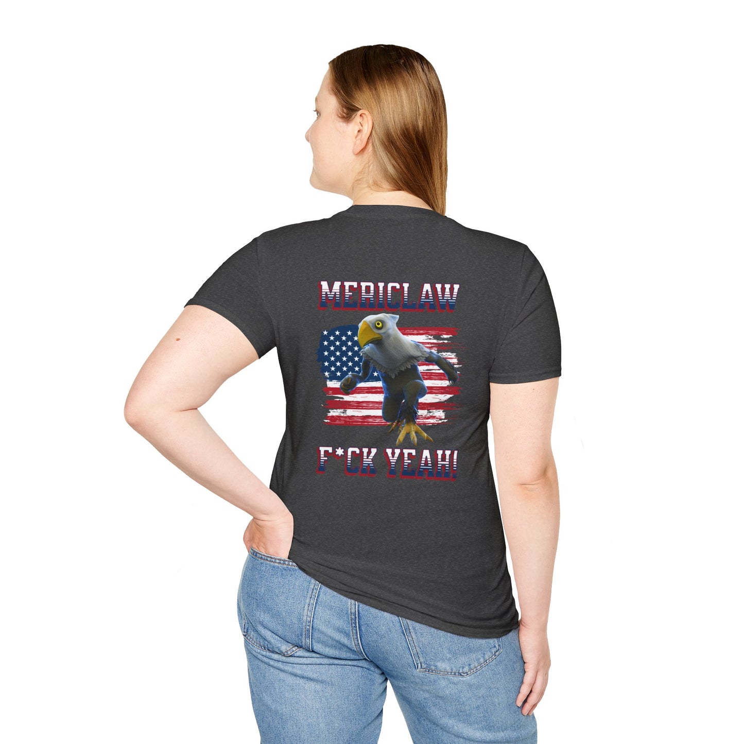 Mericlaw F*ck Yeah (Extra American) - TCG World Metaverse Sprite / American Flag - Unisex Adult Softstyle T-Shirt (Back)