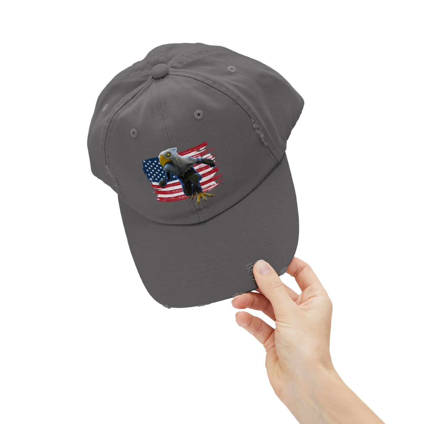 Patriotic American Eagle Sprite In Front of American Flag - Unisex Distressed Cap Hat (Mericlaw, TCG World)