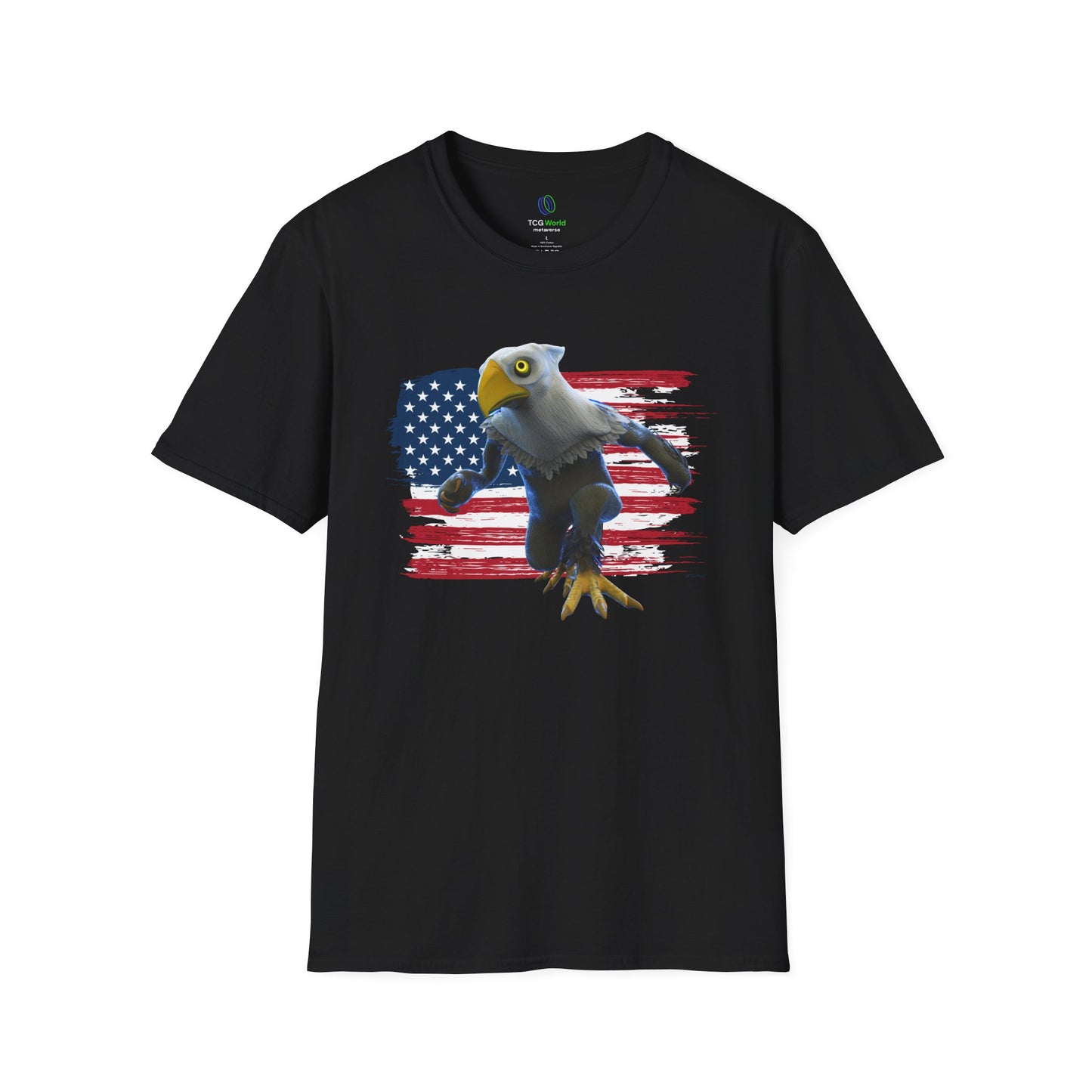 Patriotic American Eagle Sprite In Front of American Flag - Unisex Adult Softstyle T-Shirt (Mericlaw, TCG World)