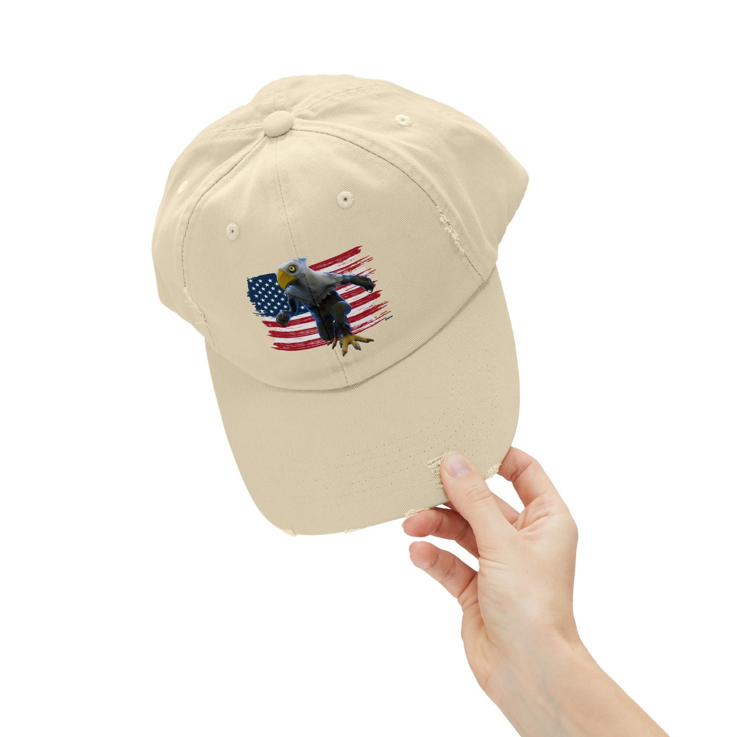 Patriotic American Eagle Sprite In Front of American Flag - Unisex Distressed Cap Hat (Mericlaw, TCG World)