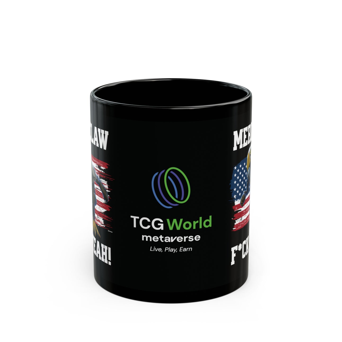 Mericlaw F*ck Yeah - TCG World Metaverse Sprite / American Flag - Black Coffee Mug