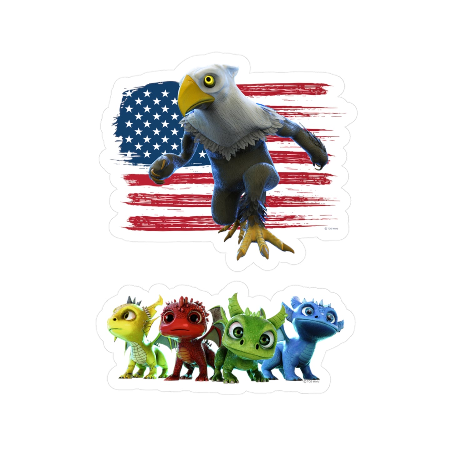 Patriotic Mericlaw with American Flag + 4 Baby Dragons - TCG World Metaverse Sprite Kiss-Cut Vinyl Decal Set