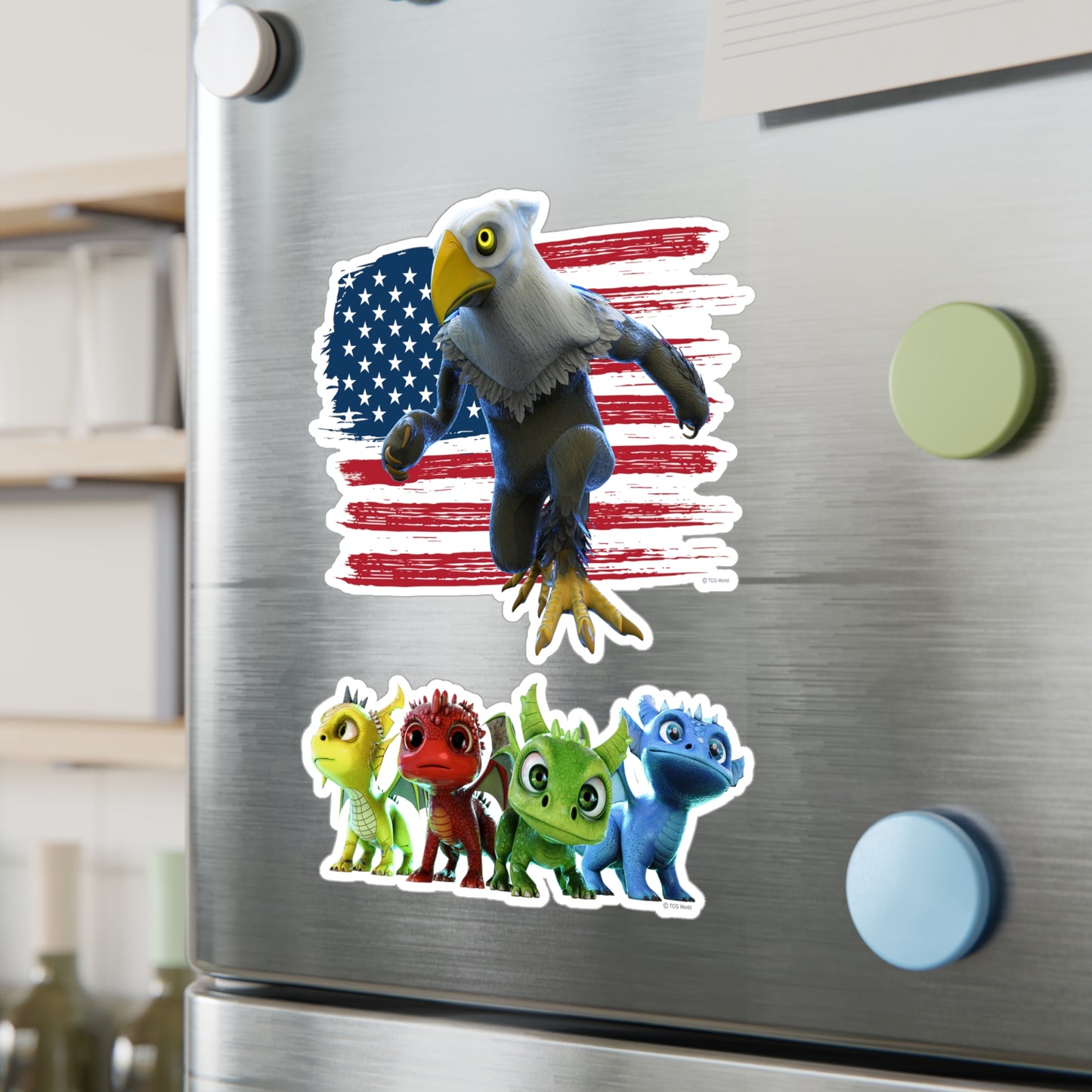 Patriotic Mericlaw with American Flag + 4 Baby Dragons - TCG World Metaverse Sprite Kiss-Cut Vinyl Decal Set