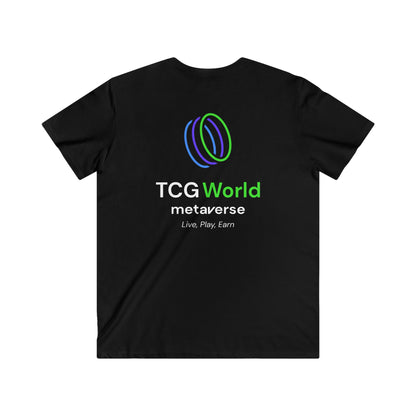 TCG Dragon Cave Club Classic Logo - Center Logo with TCG World Logo on Back - Men's Fitted V-Neck Short Sleeve Tee Shirt