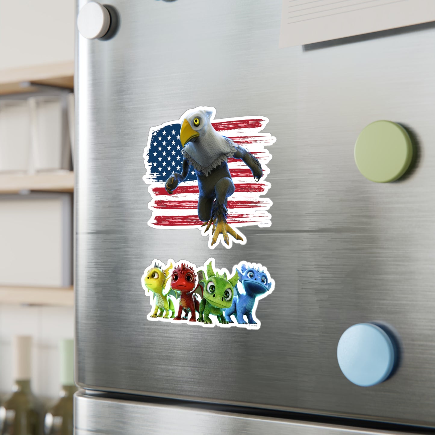 Patriotic Mericlaw with American Flag + 4 Baby Dragons - TCG World Metaverse Sprite Kiss-Cut Vinyl Decal Set