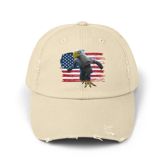 Patriotic American Eagle Sprite In Front of American Flag - Unisex Distressed Cap Hat (Mericlaw, TCG World)