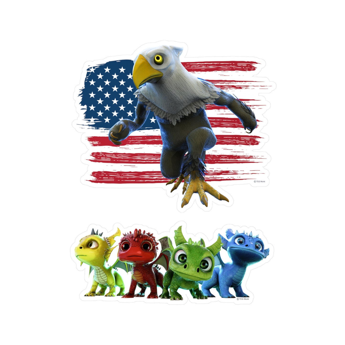 Patriotic Mericlaw with American Flag + 4 Baby Dragons - TCG World Metaverse Sprite Kiss-Cut Vinyl Decal Set