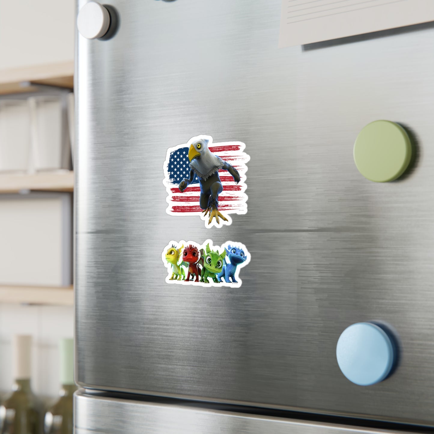 Patriotic Mericlaw with American Flag + 4 Baby Dragons - TCG World Metaverse Sprite Kiss-Cut Vinyl Decal Set