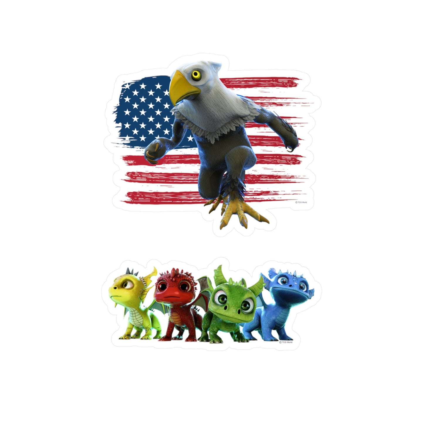 Patriotic Mericlaw with American Flag + 4 Baby Dragons - TCG World Metaverse Sprite Kiss-Cut Vinyl Decal Set