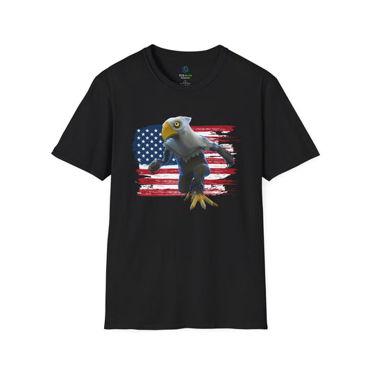 Patriotic American Eagle Sprite In Front of American Flag - Unisex Adult Softstyle T-Shirt (Mericlaw, TCG World)
