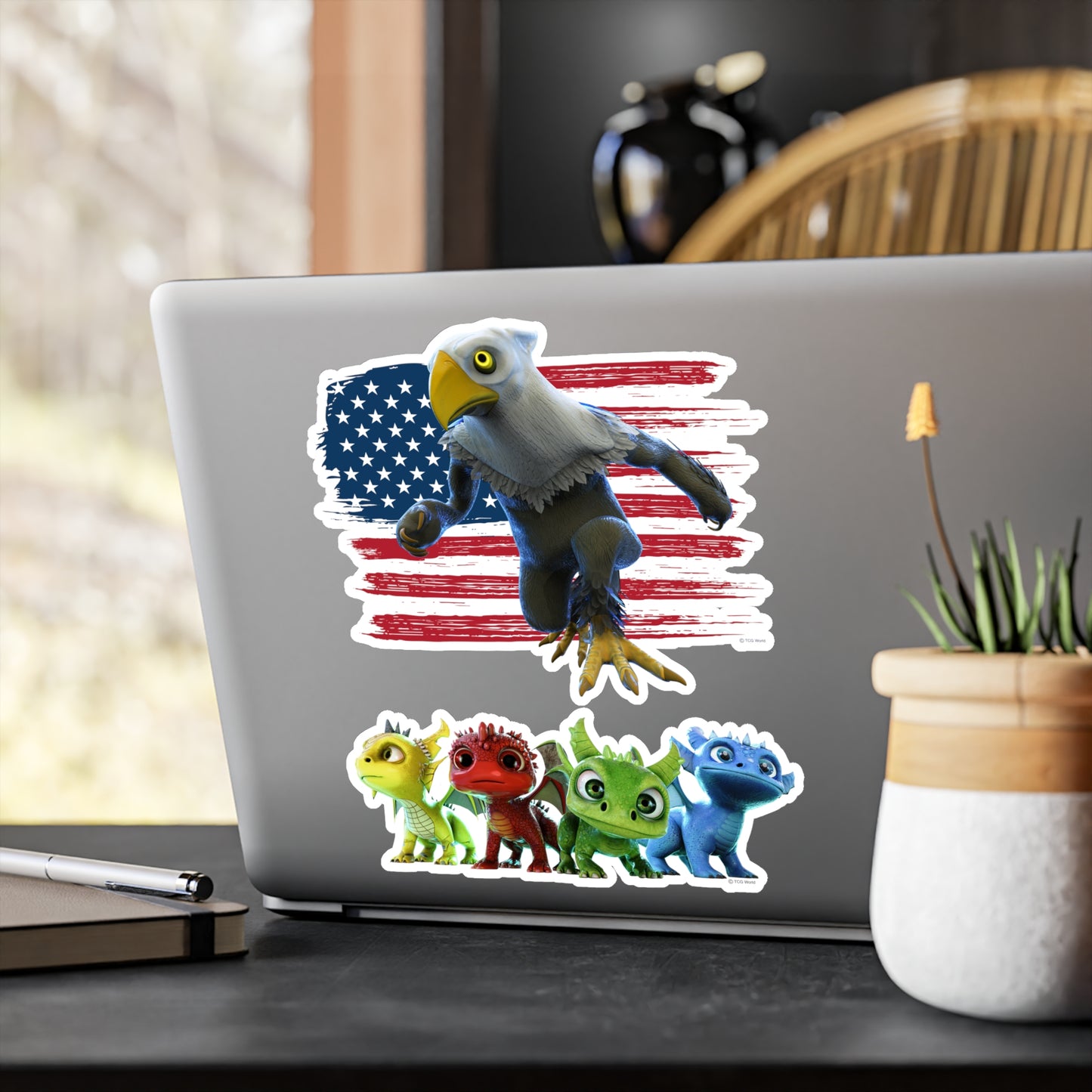 Patriotic Mericlaw with American Flag + 4 Baby Dragons - TCG World Metaverse Sprite Kiss-Cut Vinyl Decal Set